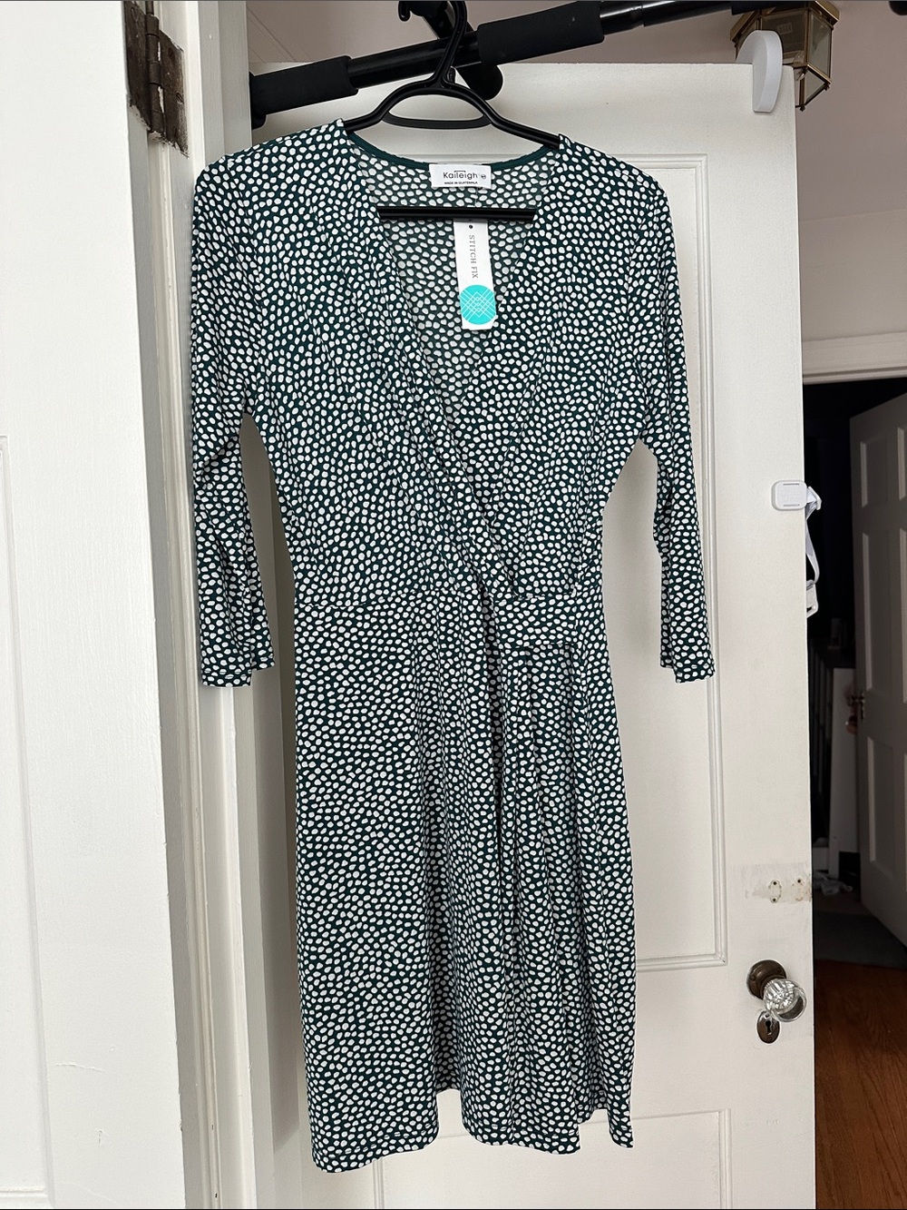 Kensie Dark Green and White Dotted Wrap-Style Dress